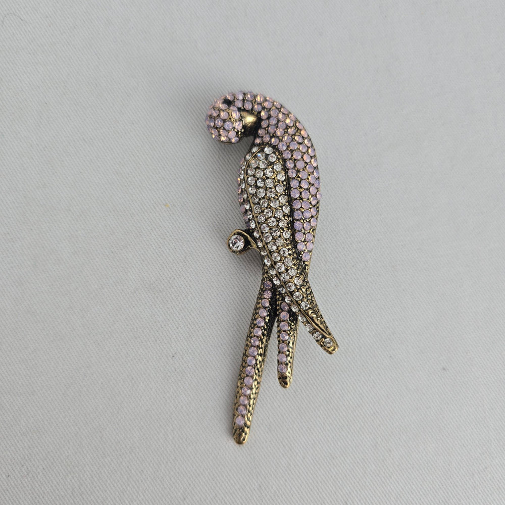 Vintage Rhinestone Parrot Bird Brooch Gold Tone Pink & Clear Crystal Pin
