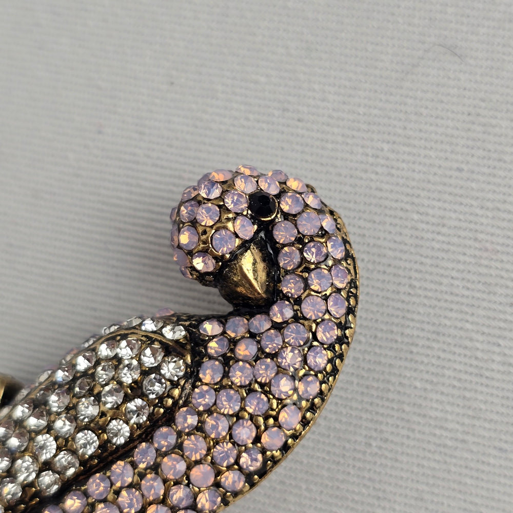 Vintage Rhinestone Parrot Bird Brooch Gold Tone Pink & Clear Crystal Pin