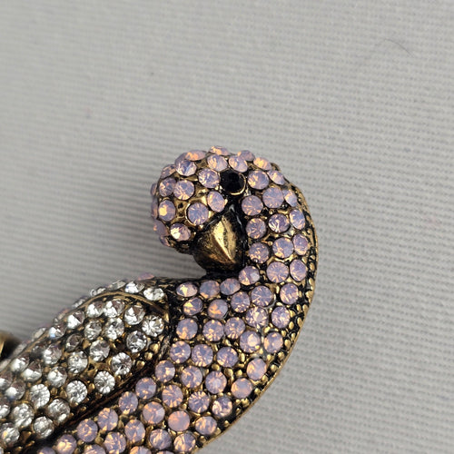 Vintage Rhinestone Parrot Bird Brooch Gold Tone Pink & Clear Crystal Pin
