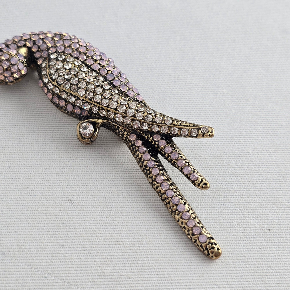 Vintage Rhinestone Parrot Bird Brooch Gold Tone Pink & Clear Crystal Pin