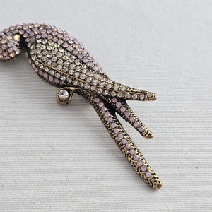 Vintage Rhinestone Parrot Bird Brooch Gold Tone Pink & Clear Crystal Pin