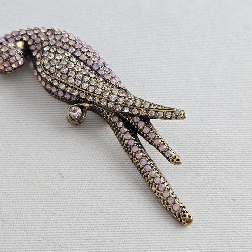 Vintage Rhinestone Parrot Bird Brooch Gold Tone Pink & Clear Crystal Pin