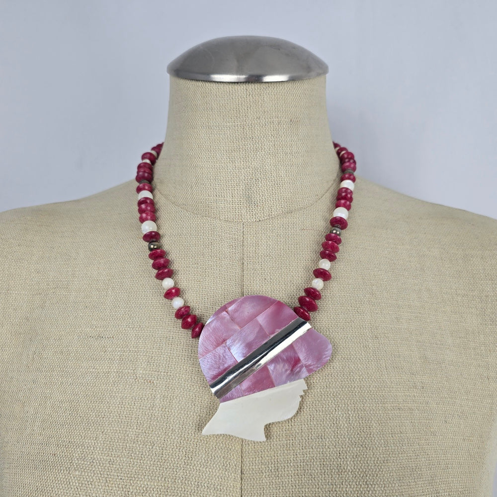 Karla Jordan Pink Beaded Mother of Pearl Silhouette Pendant Statement Necklace