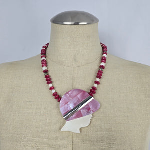 Karla Jordan Pink Beaded Mother of Pearl Silhouette Pendant Statement Necklace