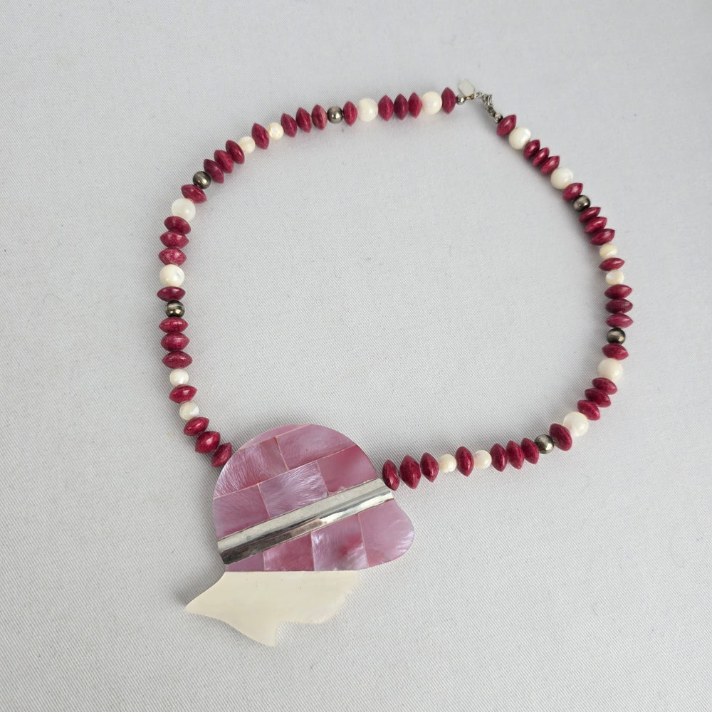 Karla Jordan Pink Beaded Mother of Pearl Silhouette Pendant Statement Necklace