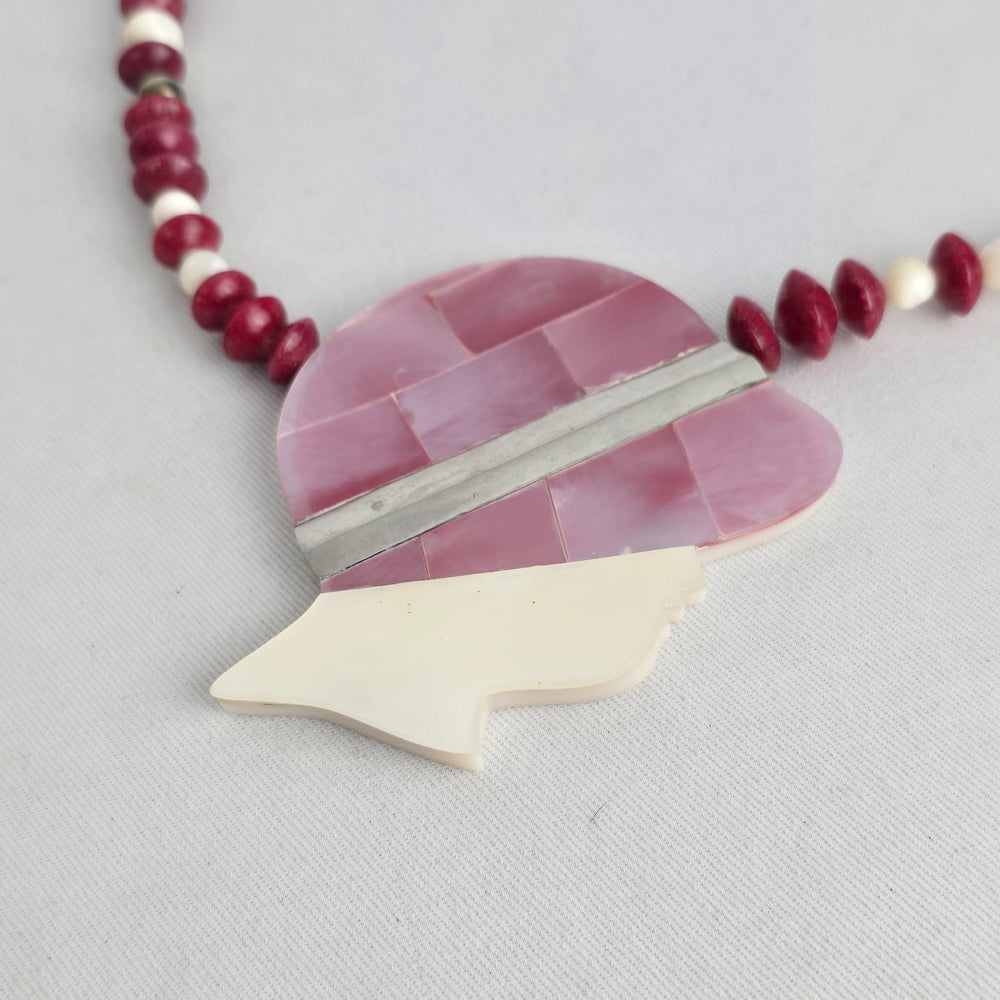 Karla Jordan Pink Beaded Mother of Pearl Silhouette Pendant Statement Necklace