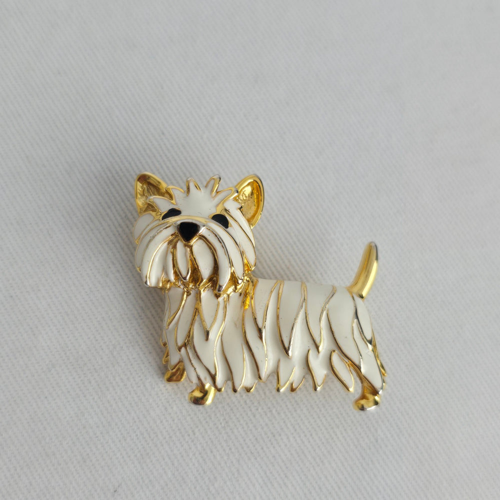 Vintage Gold Tone White Enamel Terrier Dog Brooch Pin