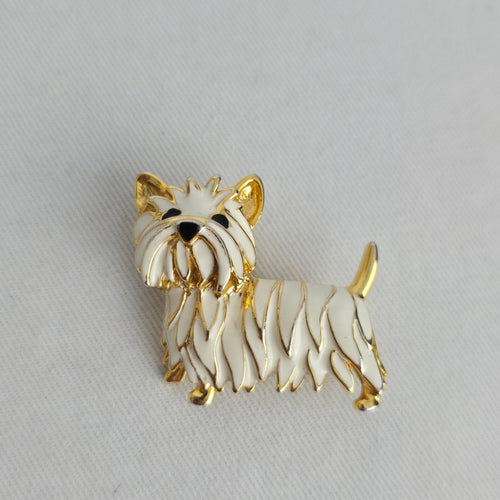 Vintage Gold Tone White Enamel Terrier Dog Brooch Pin