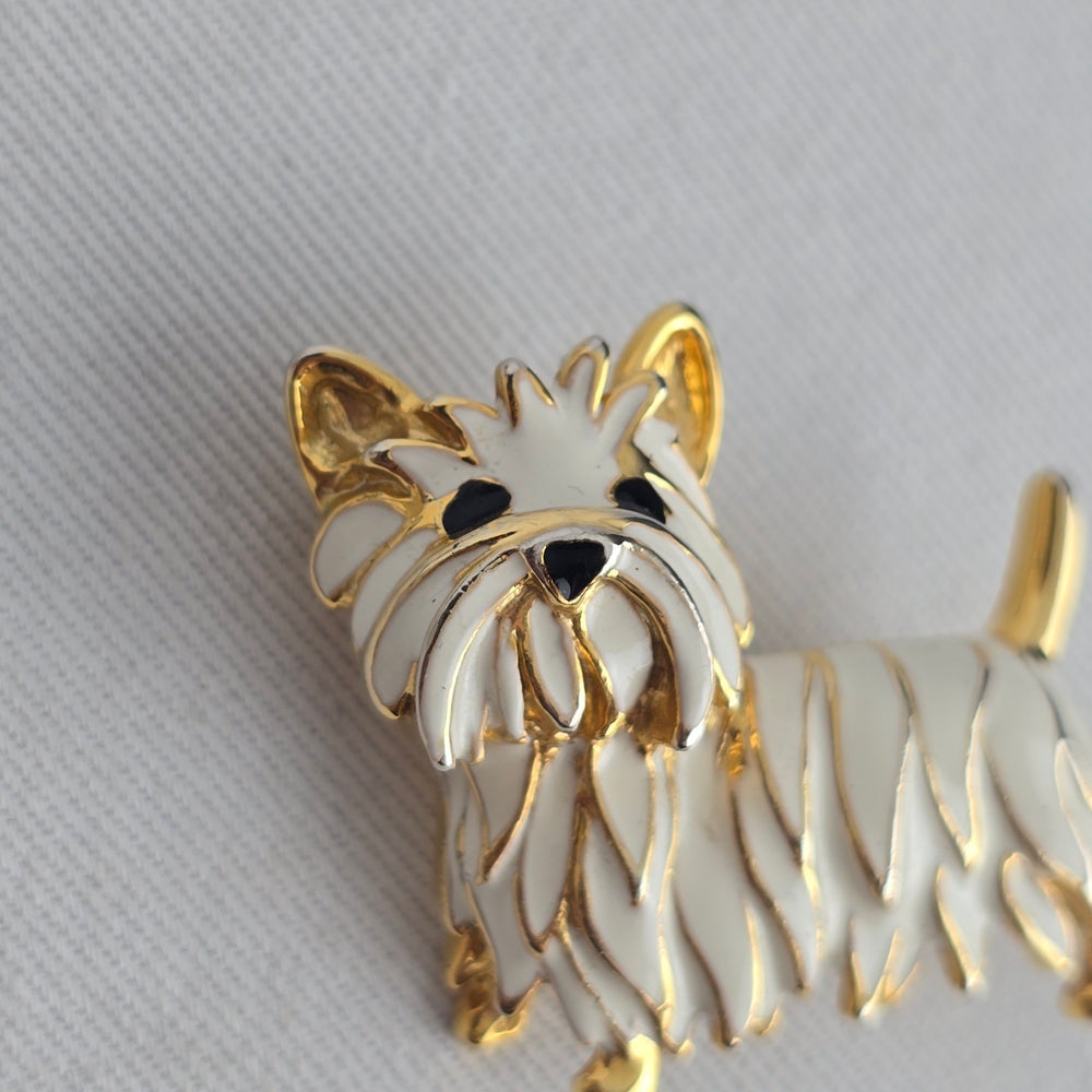 Vintage Gold Tone White Enamel Terrier Dog Brooch Pin
