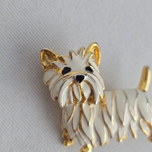 Vintage Gold Tone White Enamel Terrier Dog Brooch Pin