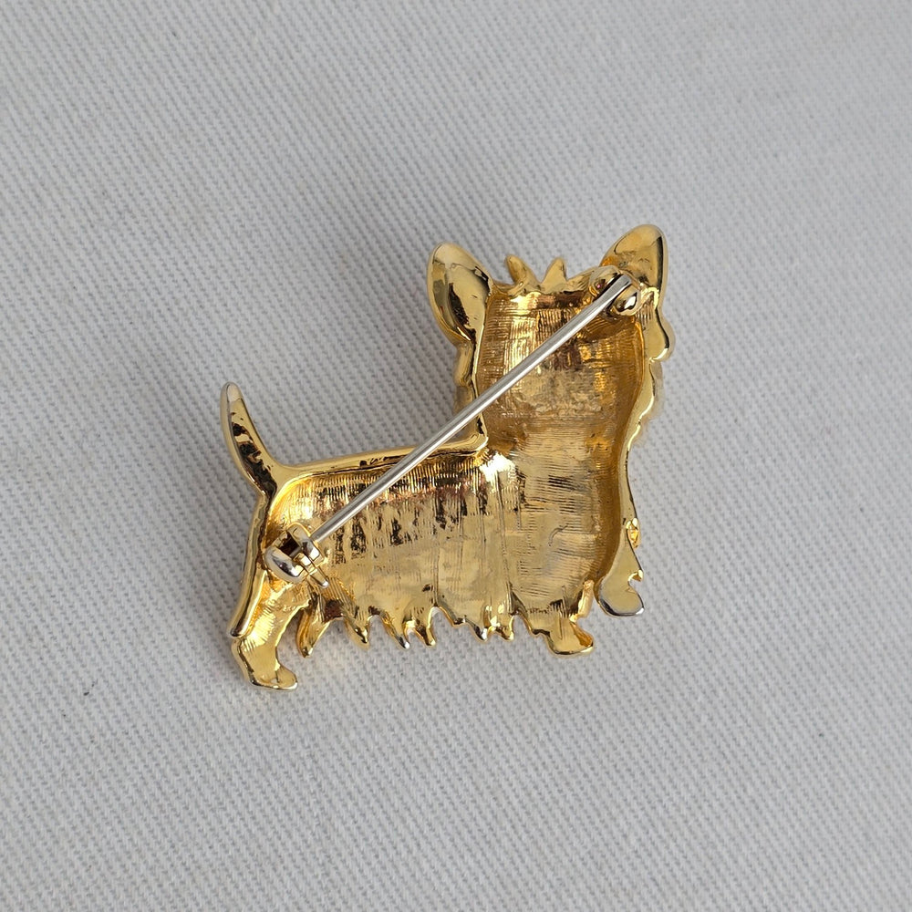 Vintage Gold Tone White Enamel Terrier Dog Brooch Pin