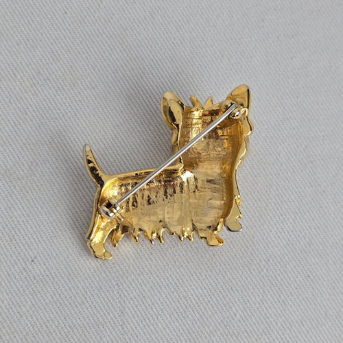 Vintage Gold Tone White Enamel Terrier Dog Brooch Pin