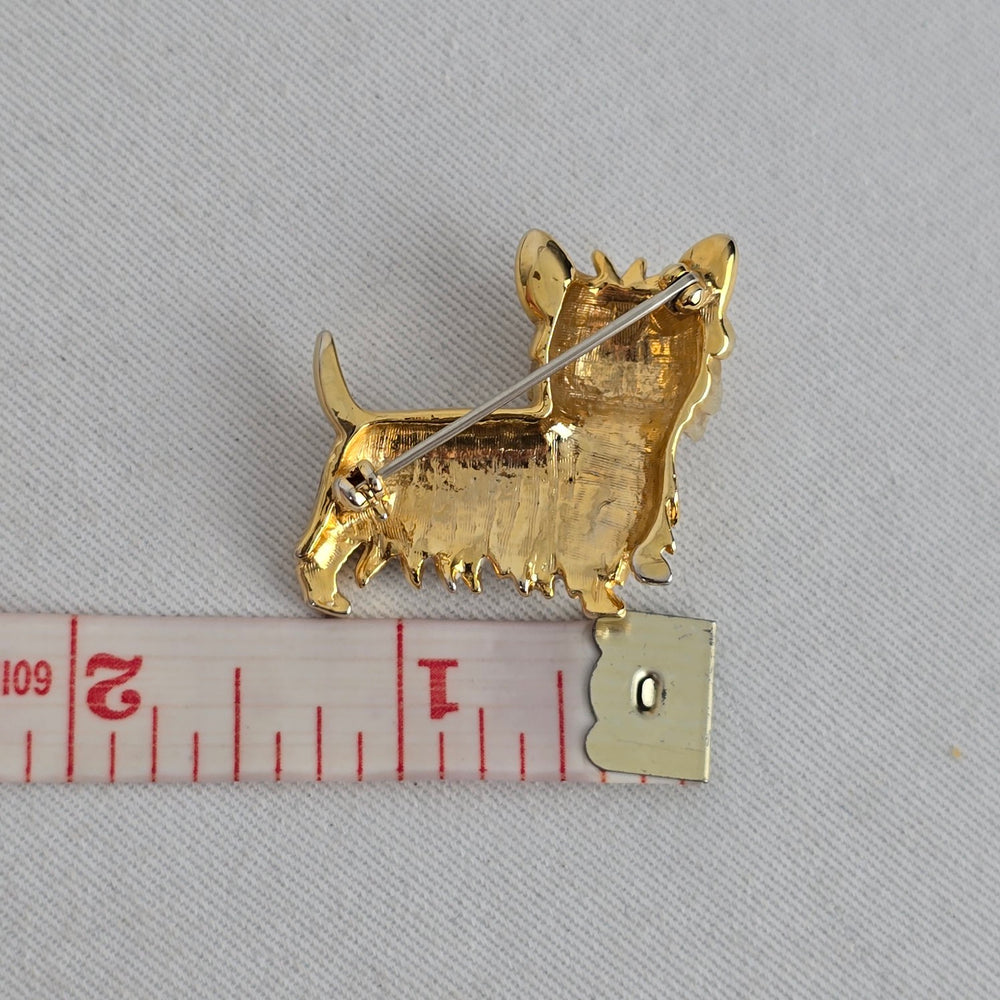 Vintage Gold Tone White Enamel Terrier Dog Brooch Pin