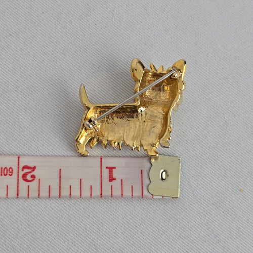 Vintage Gold Tone White Enamel Terrier Dog Brooch Pin