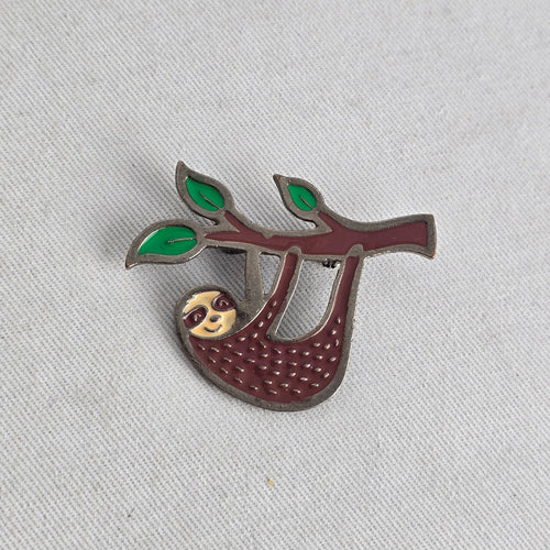 Enamel Sloth Hanging from Tree Branch Brooch Pin