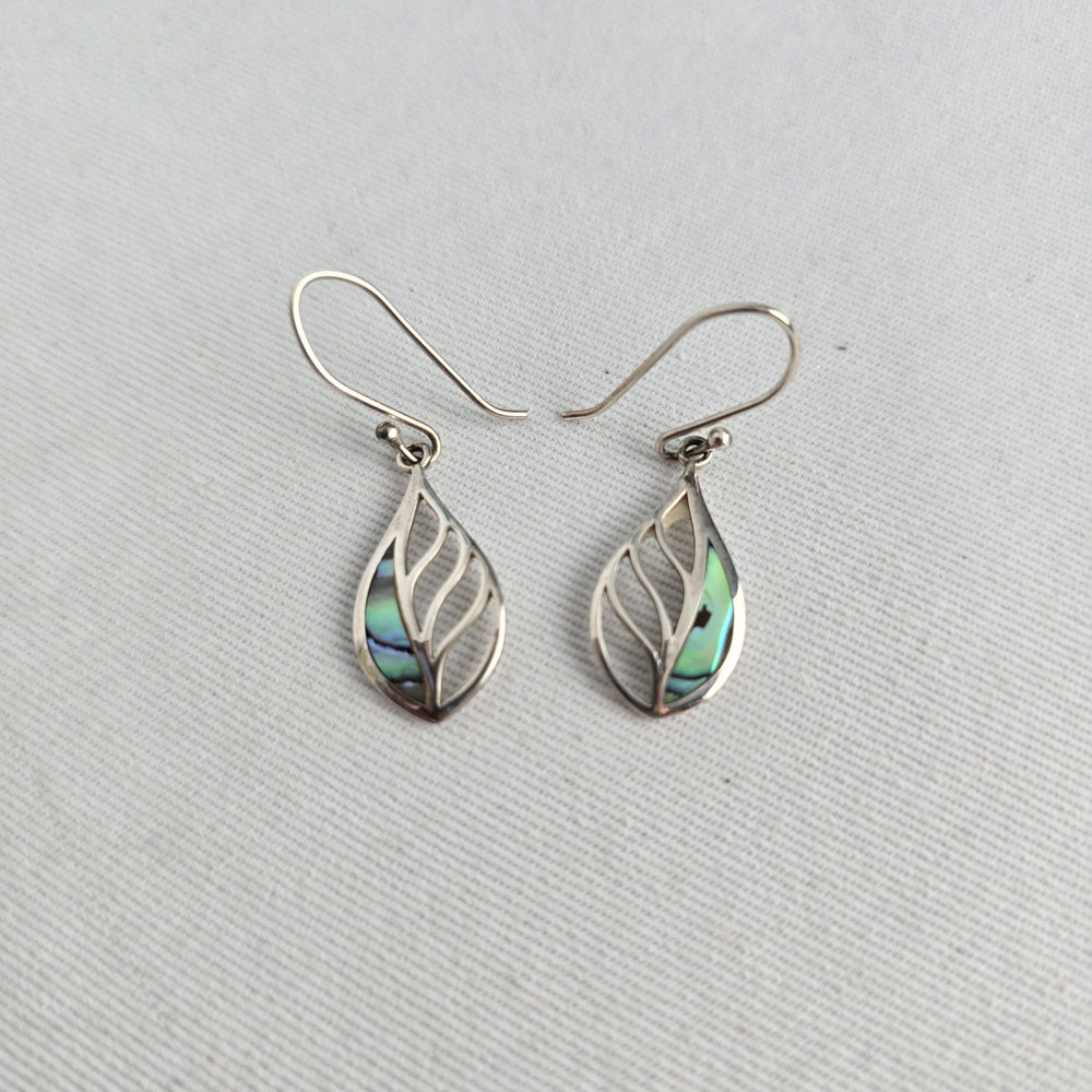 RJ Sterling Silver 925 Abalone Shell Leaf Dangle Earrings