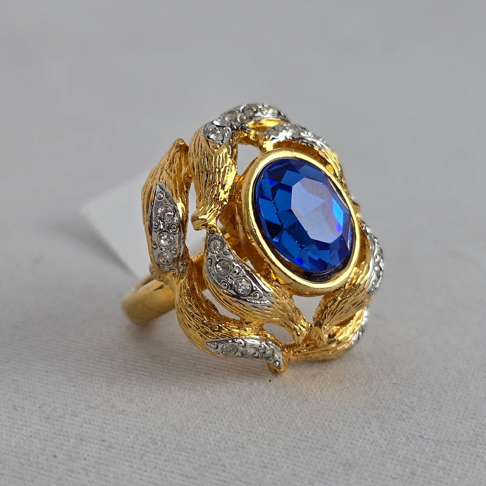 Vintage Ivana Trump Blue Crystal Gold-Tone Statement Cocktail Ring Size 8