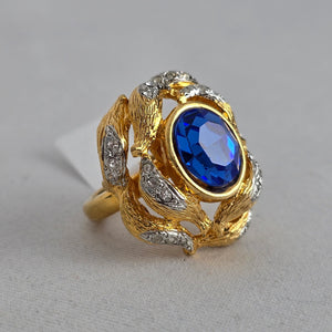 Vintage Ivana Trump Blue Crystal Gold-Tone Statement Cocktail Ring Size 8
