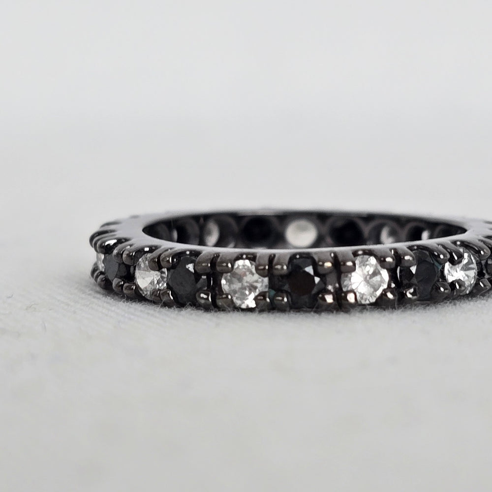 Black and Clear Alternating Stone Eternity Band Ring Dark Metal