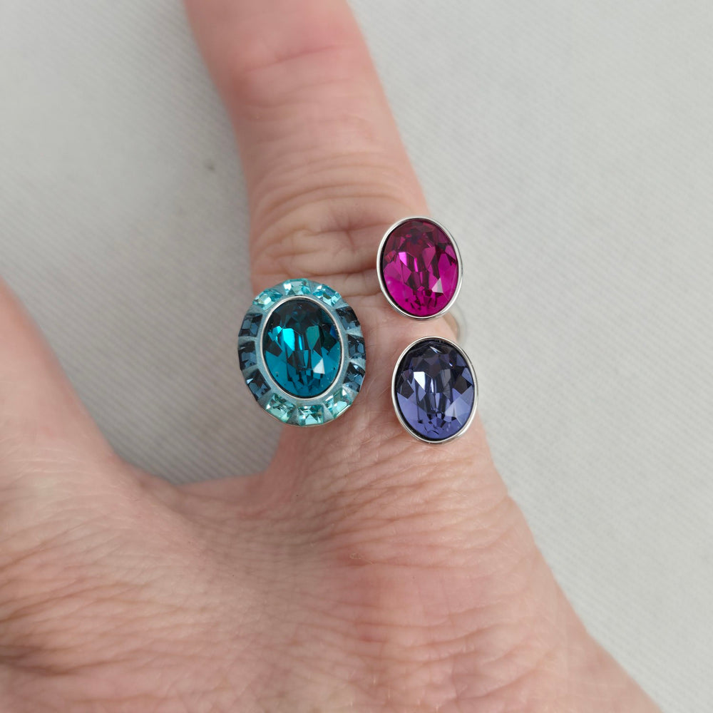 Swarovski Multicolor Crystal Statement Ring Adjustable Silver Tone Cocktail Ring