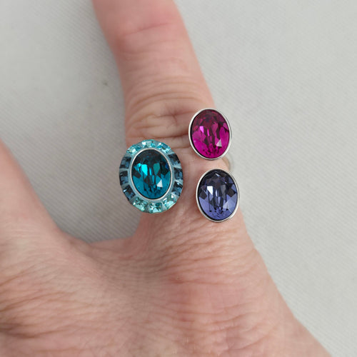 Swarovski Multicolor Crystal Statement Ring Adjustable Silver Tone Cocktail Ring