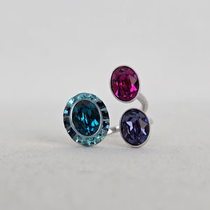 Swarovski Multicolor Crystal Statement Ring Adjustable Silver Tone Cocktail Ring
