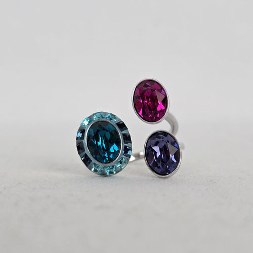 Swarovski Multicolor Crystal Statement Ring Adjustable Silver Tone Cocktail Ring
