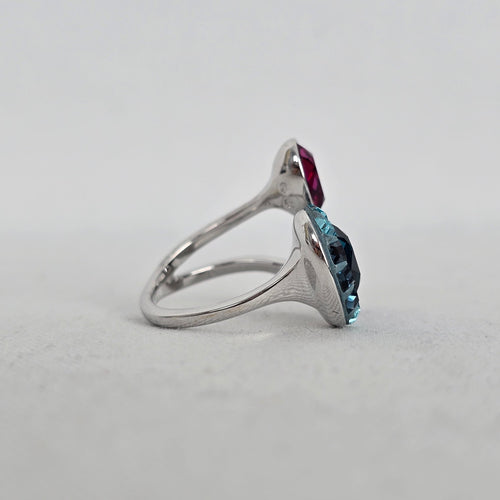 Swarovski Multicolor Crystal Statement Ring Adjustable Silver Tone Cocktail Ring