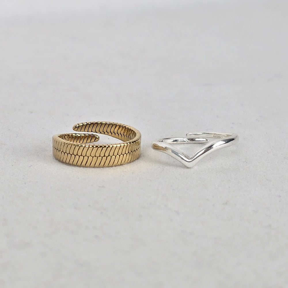 Pilgrim Silver V and Gold Ribbed Wrap Ring Set Adjustable