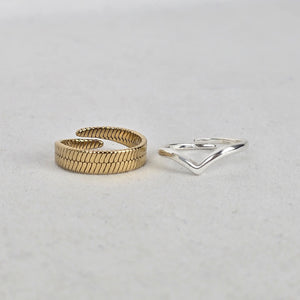 Pilgrim Silver V and Gold Ribbed Wrap Ring Set Adjustable