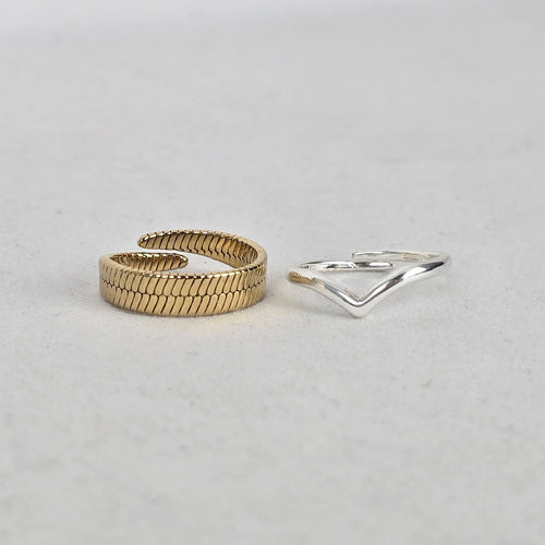 Pilgrim Silver V and Gold Ribbed Wrap Ring Set Adjustable