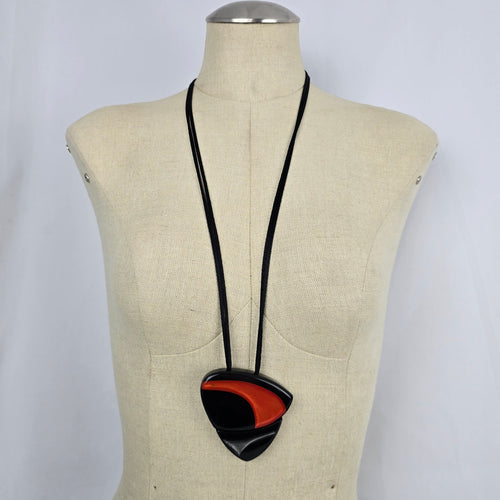 Zsiska Black Red Orange Abstract Statement Pendant Adjustable Cord Necklace
