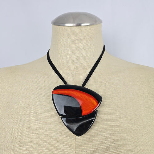 Zsiska Black Red Orange Abstract Statement Pendant Adjustable Cord Necklace