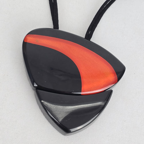 Zsiska Black Red Orange Abstract Statement Pendant Adjustable Cord Necklace