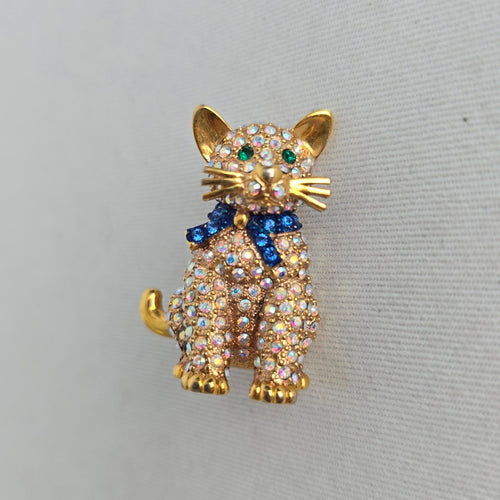 Vintage Butler Gold Tone Rhinestone Cat Brooch Pin with Blue Bow