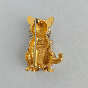 Vintage Butler Gold Tone Rhinestone Cat Brooch Pin with Blue Bow
