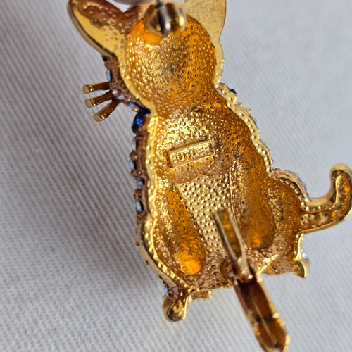 Vintage Butler Gold Tone Rhinestone Cat Brooch Pin with Blue Bow