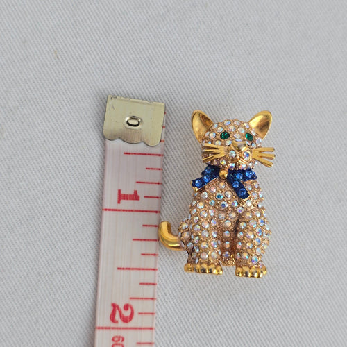 Vintage Butler Gold Tone Rhinestone Cat Brooch Pin with Blue Bow