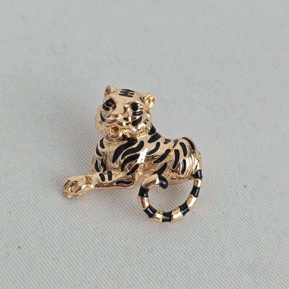 Gold Tone Black Enamel Tiger Brooch Pin