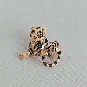 Gold Tone Black Enamel Tiger Brooch Pin