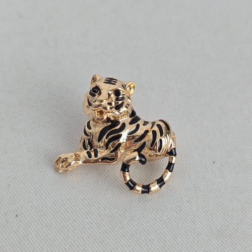 Gold Tone Black Enamel Tiger Brooch Pin