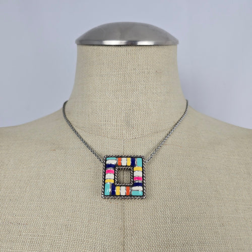 Brighton Silver Tone Multicolor Enamel Square Pendant Reversible Necklace
