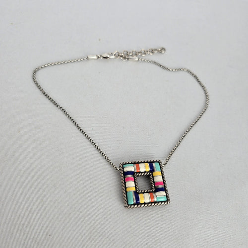 Brighton Silver Tone Multicolor Enamel Square Pendant Reversible Necklace