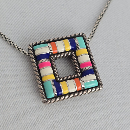 Brighton Silver Tone Multicolor Enamel Square Pendant Reversible Necklace