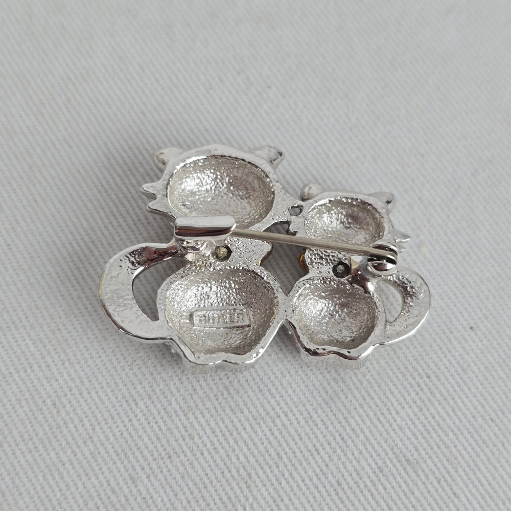 Vintage Butler Silver Tone Rhinestone Double Cat Brooch Pin with Enamel Bows