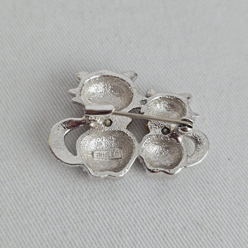 Vintage Butler Silver Tone Rhinestone Double Cat Brooch Pin with Enamel Bows