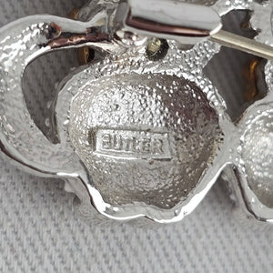 Vintage Butler Silver Tone Rhinestone Double Cat Brooch Pin with Enamel Bows