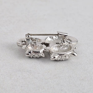 Vintage Butler Silver Tone Rhinestone Double Cat Brooch Pin with Enamel Bows