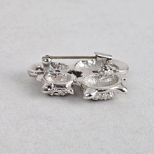 Vintage Butler Silver Tone Rhinestone Double Cat Brooch Pin with Enamel Bows