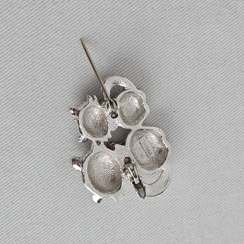 Vintage Butler Silver Tone Rhinestone Double Cat Brooch Pin with Enamel Bows